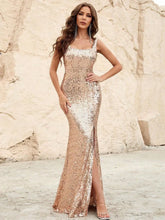 Square Neck Sleeveless Split Thigh Sequin Party Dress - Elonnashop